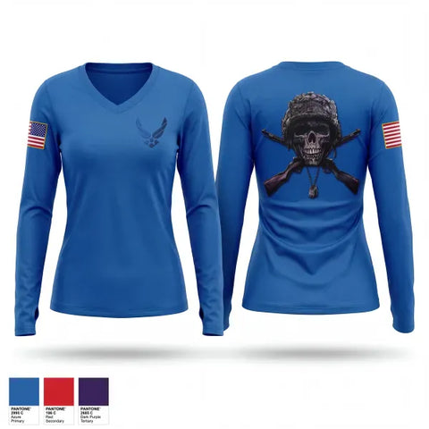 Womens Long Sleeve Vneck Shirt, Scottsbluff JROTC, Air Force, Teamtime, Team time, sublimation, custom sports apparel, team uniforms, spirit wear, spiritwear, sports uniforms, custom shirts, team store, custom team store, fundraiser sports, apparel fundraiser