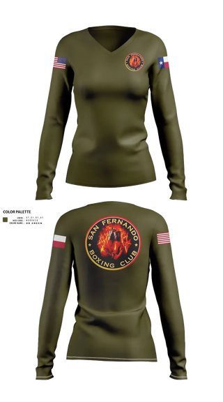 Womens Long Sleeve Vneck Shirt, San Fernando Boxing Club, Spirit Store, Teamtime, Team time, sublimation, custom sports apparel, team uniforms, spirit wear, spiritwear, sports uniforms, custom shirts, team store, custom team store, fundraiser sports, apparel fundraiser
