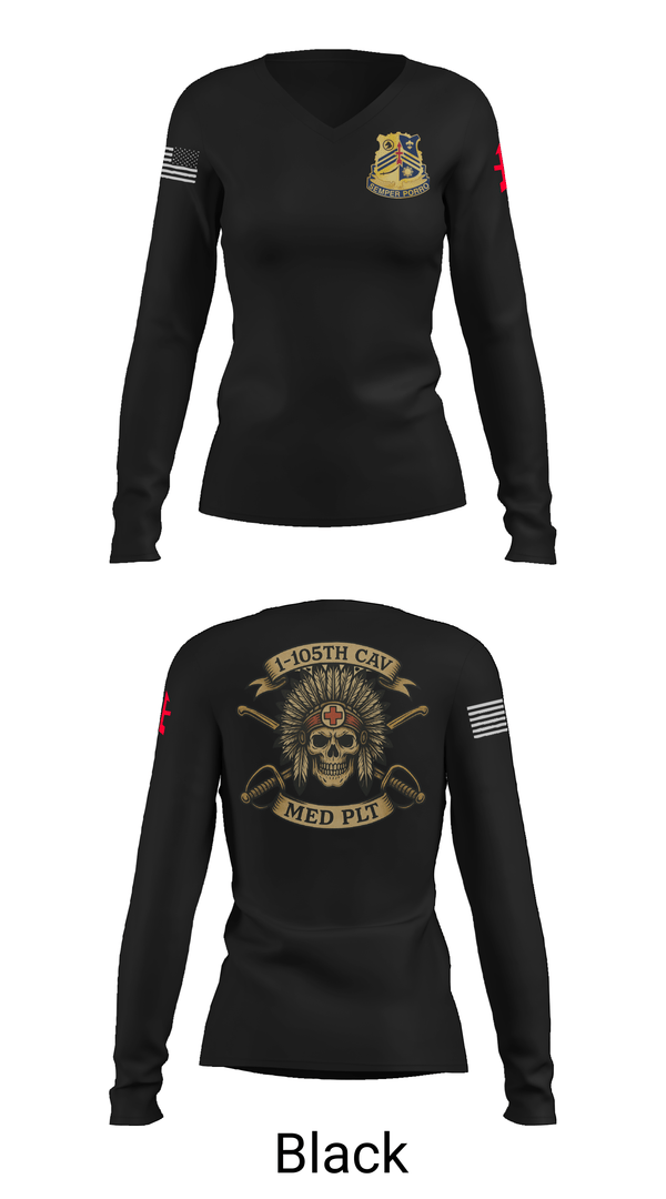 Womens Long Sleeve Vneck Shirt, 1-105th cavalry, Army, Teamtime, Team time, sublimation, custom sports apparel, team uniforms, spirit wear, spiritwear, sports uniforms, custom shirts, team store, custom team store, fundraiser sports, apparel fundraiser
