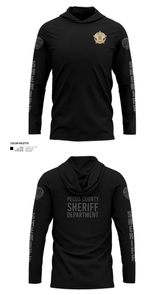 Long Sleeve Performance Shirt with hood, Pecos County Sheriff’s Office, Police, Teamtime, Team time, sublimation, custom sports apparel, team uniforms, spirit wear, spiritwear, sports uniforms, custom shirts, team store, custom team store, fundraiser sports, apparel fundraiser