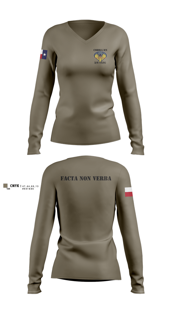 Womens Long Sleeve Vneck Shirt, 3BN/6BDE Cobras, Army, Teamtime, Team time, sublimation, custom sports apparel, team uniforms, spirit wear, spiritwear, sports uniforms, custom shirts, team store, custom team store, fundraiser sports, apparel fundraiser