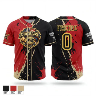 Full Button Baseball Jersey, Dirtbags, Baseball, Teamtime, Team time, sublimation, custom sports apparel, team uniforms, spirit wear, spiritwear, sports uniforms, custom shirts, team store, custom team store, fundraiser sports, apparel fundraiser