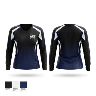 Womens Long Sleeve Vneck Shirt, Geo group, , Teamtime, Team time, sublimation, custom sports apparel, team uniforms, spirit wear, spiritwear, sports uniforms, custom shirts, team store, custom team store, fundraiser sports, apparel fundraiser