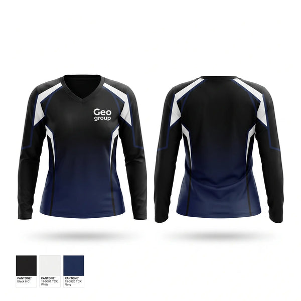 Womens Long Sleeve Vneck Shirt, Geo group, , Teamtime, Team time, sublimation, custom sports apparel, team uniforms, spirit wear, spiritwear, sports uniforms, custom shirts, team store, custom team store, fundraiser sports, apparel fundraiser