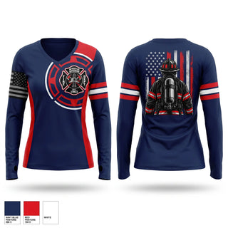 Womens Long Sleeve Vneck Shirt, Myrtle Springs Fire Department, Fire Department, Teamtime, Team time, sublimation, custom sports apparel, team uniforms, spirit wear, spiritwear, sports uniforms, custom shirts, team store, custom team store, fundraiser sports, apparel fundraiser
