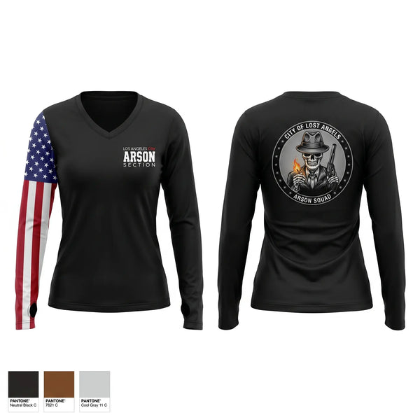 Womens Long Sleeve Vneck Shirt, Arson Squad, Fire Department, Teamtime, Team time, sublimation, custom sports apparel, team uniforms, spirit wear, spiritwear, sports uniforms, custom shirts, team store, custom team store, fundraiser sports, apparel fundraiser