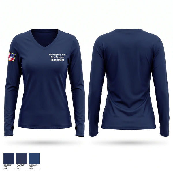 Womens Long Sleeve Vneck Shirt, Boiling Spring Lakes Fire Rescue Department, Fire Department, Teamtime, Team time, sublimation, custom sports apparel, team uniforms, spirit wear, spiritwear, sports uniforms, custom shirts, team store, custom team store, fundraiser sports, apparel fundraiser