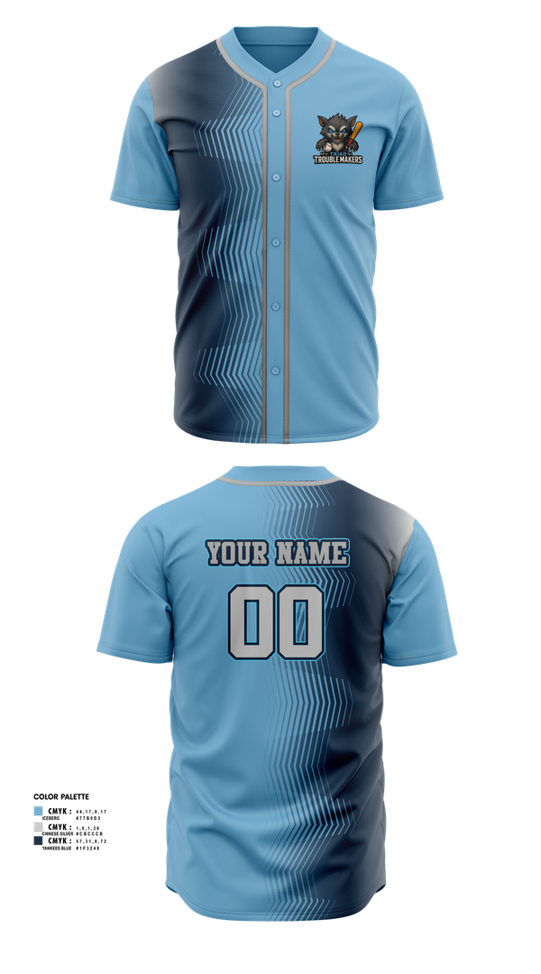 Full Button Baseball Jersey, Troublemakers, Baseball, Teamtime, Team time, sublimation, custom sports apparel, team uniforms, spirit wear, spiritwear, sports uniforms, custom shirts, team store, custom team store, fundraiser sports, apparel fundraiser