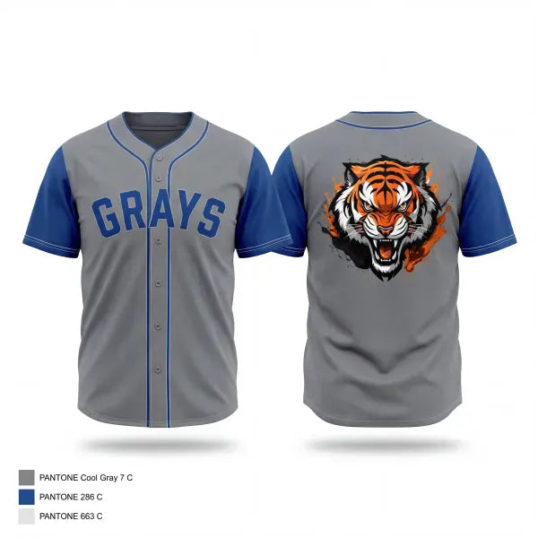 Full Button Baseball Jersey, Grays (like the old Negro League team), Baseball, Teamtime, Team time, sublimation, custom sports apparel, team uniforms, spirit wear, spiritwear, sports uniforms, custom shirts, team store, custom team store, fundraiser sports, apparel fundraiser