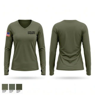Womens Long Sleeve Vneck Shirt, Latimer County Sheriff, Police, Teamtime, Team time, sublimation, custom sports apparel, team uniforms, spirit wear, spiritwear, sports uniforms, custom shirts, team store, custom team store, fundraiser sports, apparel fundraiser