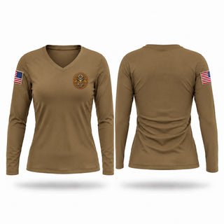 Womens Long Sleeve Vneck Shirt, OUTLAWS, Army, Teamtime, Team time, sublimation, custom sports apparel, team uniforms, spirit wear, spiritwear, sports uniforms, custom shirts, team store, custom team store, fundraiser sports, apparel fundraiser