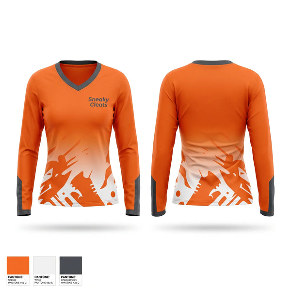Womens Long Sleeve Vneck Shirt, Sneaky Cleats, Softball, Teamtime, Team time, sublimation, custom sports apparel, team uniforms, spirit wear, spiritwear, sports uniforms, custom shirts, team store, custom team store, fundraiser sports, apparel fundraiser