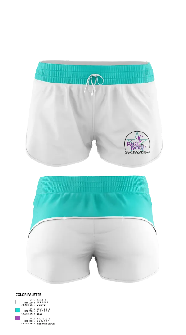 Womens Shorts, Raise the Barre Dance Academy, , Teamtime, Team time, sublimation, custom sports apparel, team uniforms, spirit wear, spiritwear, sports uniforms, custom shirts, team store, custom team store, fundraiser sports, apparel fundraiser