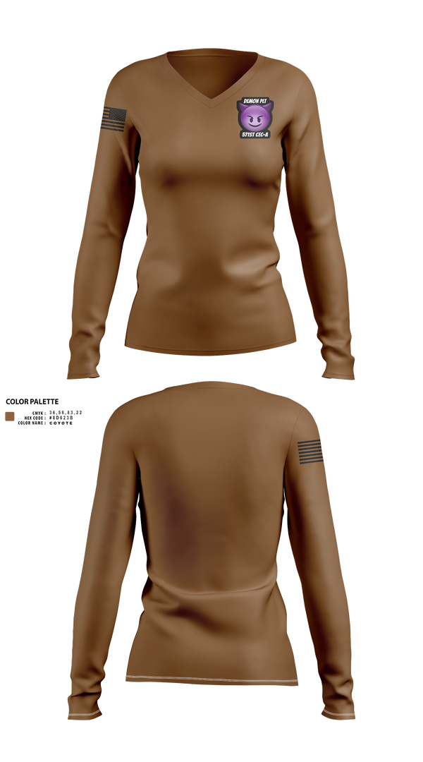 Womens Long Sleeve Vneck Shirt, Demon PLT, Army, Teamtime, Team time, sublimation, custom sports apparel, team uniforms, spirit wear, spiritwear, sports uniforms, custom shirts, team store, custom team store, fundraiser sports, apparel fundraiser