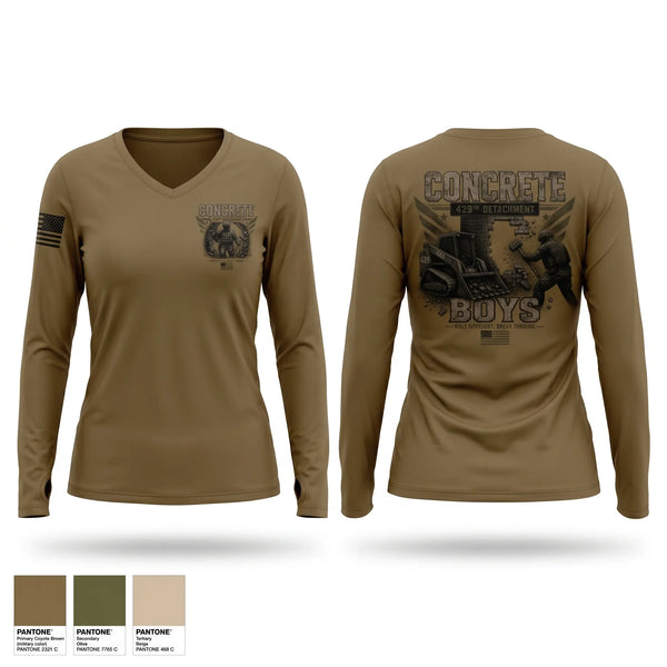 Womens Long Sleeve Vneck Shirt, 429 Concrete Detachment, National Guard, Teamtime, Team time, sublimation, custom sports apparel, team uniforms, spirit wear, spiritwear, sports uniforms, custom shirts, team store, custom team store, fundraiser sports, apparel fundraiser