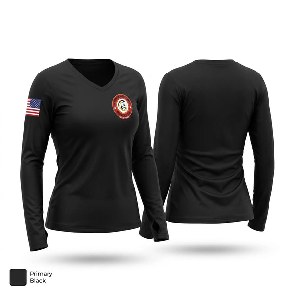 Womens Long Sleeve Vneck Shirt, Myrmidon Security Services LLC., Police, Teamtime, Team time, sublimation, custom sports apparel, team uniforms, spirit wear, spiritwear, sports uniforms, custom shirts, team store, custom team store, fundraiser sports, apparel fundraiser