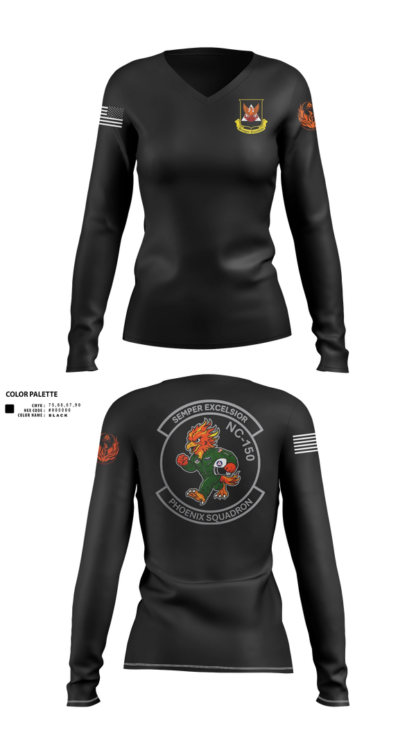 Womens Long Sleeve Vneck Shirt, 150th Orange County Composite Squadron, NC Wing, Civil Air Patrol, Air Force, Teamtime, Team time, sublimation, custom sports apparel, team uniforms, spirit wear, spiritwear, sports uniforms, custom shirts, team store, custom team store, fundraiser sports, apparel fundraiser