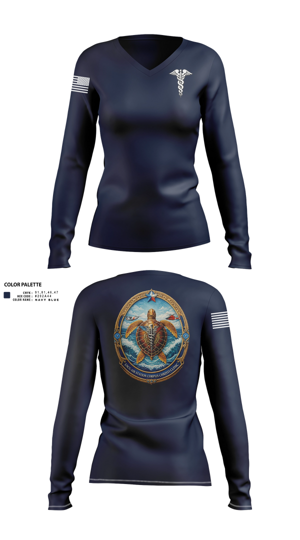 Womens Long Sleeve Vneck Shirt, Air Station Corpus Christi Clinic, Coast Guard, Teamtime, Team time, sublimation, custom sports apparel, team uniforms, spirit wear, spiritwear, sports uniforms, custom shirts, team store, custom team store, fundraiser sports, apparel fundraiser