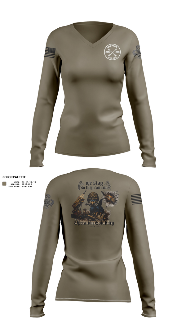 Womens Long Sleeve Vneck Shirt, A/2-43 ADA, Army, Teamtime, Team time, sublimation, custom sports apparel, team uniforms, spirit wear, spiritwear, sports uniforms, custom shirts, team store, custom team store, fundraiser sports, apparel fundraiser