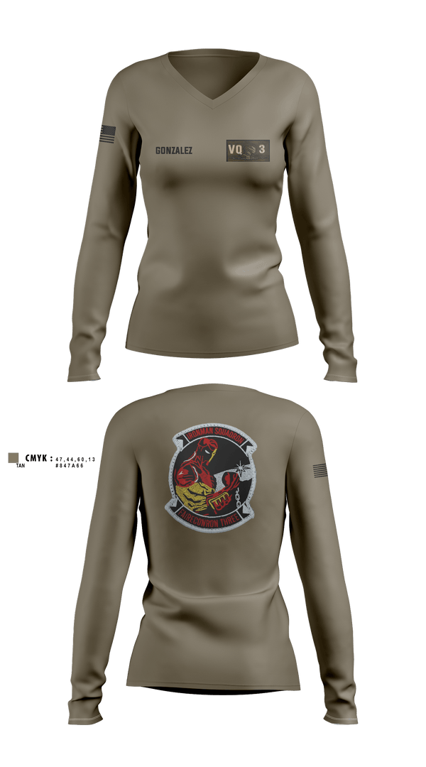 Women's Long Sleeve Vneck Shirt, VQ-3 DET TRVS, Navy, Teamtime, Team time, sublimation, custom sports apparel, team uniforms, spirit wear, spiritwear, sports uniforms, custom shirts, team store, custom team store, fundraiser sports, apparel fundraiser