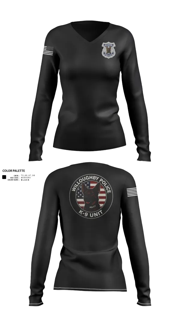 Womens Long Sleeve Vneck Shirt, Willoughby Police K9 Unit, Police, Teamtime, Team time, sublimation, custom sports apparel, team uniforms, spirit wear, spiritwear, sports uniforms, custom shirts, team store, custom team store, fundraiser sports, apparel fundraiser
