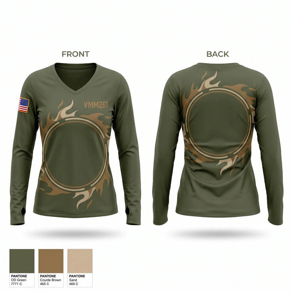 Womens Long Sleeve Vneck Shirt, Vmm-261, Marines, Teamtime, Team time, sublimation, custom sports apparel, team uniforms, spirit wear, spiritwear, sports uniforms, custom shirts, team store, custom team store, fundraiser sports, apparel fundraiser