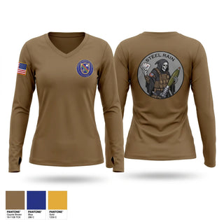 Womens Long Sleeve Vneck Shirt, 1/160th HHC MORTARS, Army, Teamtime, Team time, sublimation, custom sports apparel, team uniforms, spirit wear, spiritwear, sports uniforms, custom shirts, team store, custom team store, fundraiser sports, apparel fundraiser