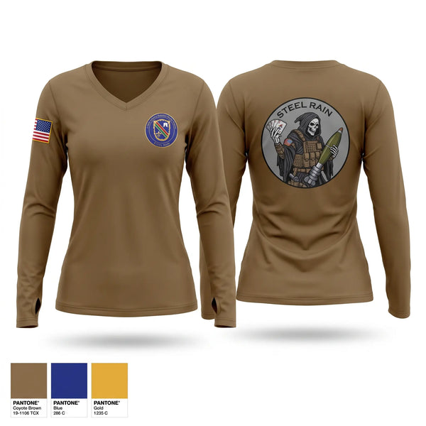 Womens Long Sleeve Vneck Shirt, 1/160th HHC MORTARS, Army, Teamtime, Team time, sublimation, custom sports apparel, team uniforms, spirit wear, spiritwear, sports uniforms, custom shirts, team store, custom team store, fundraiser sports, apparel fundraiser