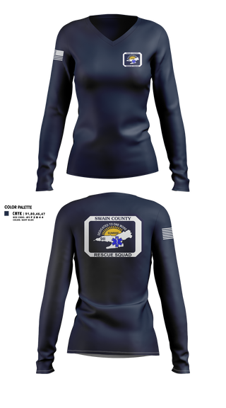 Womens Long Sleeve Vneck Shirt, Swain county rescue squad, EMS/EMT, Teamtime, Team time, sublimation, custom sports apparel, team uniforms, spirit wear, spiritwear, sports uniforms, custom shirts, team store, custom team store, fundraiser sports, apparel fundraiser