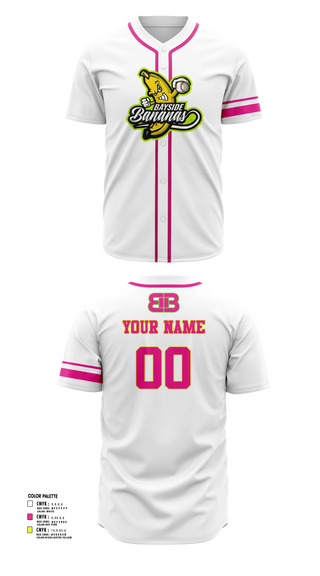 Full Button Baseball Jersey, Bayside Bananas, Baseball, Teamtime, Team time, sublimation, custom sports apparel, team uniforms, spirit wear, spiritwear, sports uniforms, custom shirts, team store, custom team store, fundraiser sports, apparel fundraiser