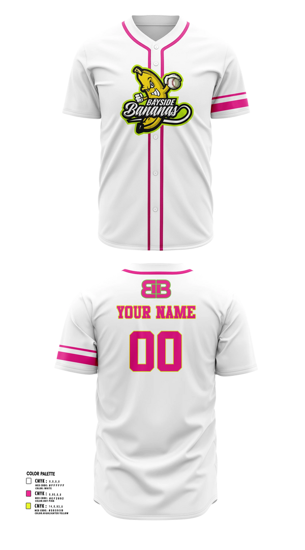 Full Button Baseball Jersey, Bayside Bananas, Baseball, Teamtime, Team time, sublimation, custom sports apparel, team uniforms, spirit wear, spiritwear, sports uniforms, custom shirts, team store, custom team store, fundraiser sports, apparel fundraiser