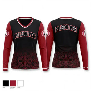 Womens Long Sleeve Vneck Shirt, Piledriver University, Wrestling, Teamtime, Team time, sublimation, custom sports apparel, team uniforms, spirit wear, spiritwear, sports uniforms, custom shirts, team store, custom team store, fundraiser sports, apparel fundraiser