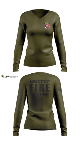 Womens Long Sleeve Vneck Shirt, Alma District Fire Department, Fire Department, Teamtime, Team time, sublimation, custom sports apparel, team uniforms, spirit wear, spiritwear, sports uniforms, custom shirts, team store, custom team store, fundraiser sports, apparel fundraiser