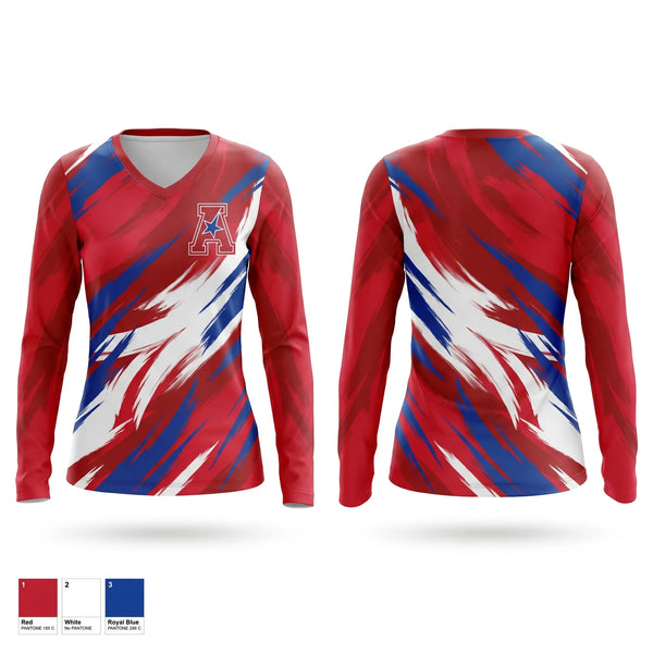 Womens Long Sleeve Vneck Shirt, All American, Baseball, Teamtime, Team time, sublimation, custom sports apparel, team uniforms, spirit wear, spiritwear, sports uniforms, custom shirts, team store, custom team store, fundraiser sports, apparel fundraiser