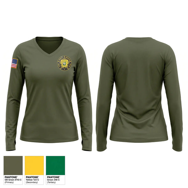 Womens Long Sleeve Vneck Shirt, Owen County Sheriff’s Office, Police, Teamtime, Team time, sublimation, custom sports apparel, team uniforms, spirit wear, spiritwear, sports uniforms, custom shirts, team store, custom team store, fundraiser sports, apparel fundraiser