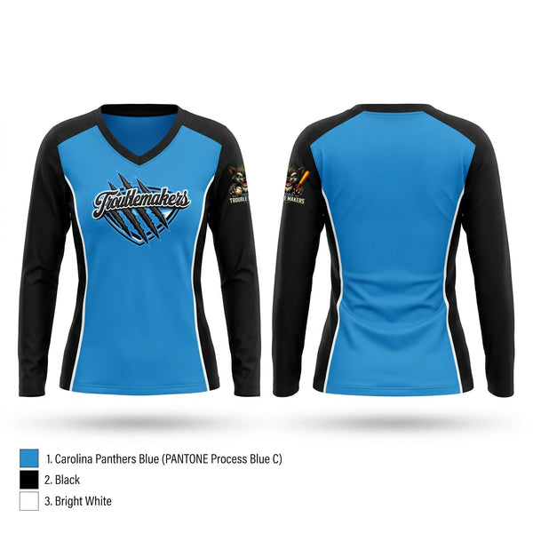 Womens Long Sleeve Vneck Shirt, Troublemakers, Baseball, Teamtime, Team time, sublimation, custom sports apparel, team uniforms, spirit wear, spiritwear, sports uniforms, custom shirts, team store, custom team store, fundraiser sports, apparel fundraiser