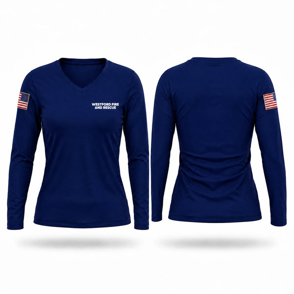 Womens Long Sleeve Vneck Shirt, WESTFORD FIRE AND RESCUE, Fire Department, Teamtime, Team time, sublimation, custom sports apparel, team uniforms, spirit wear, spiritwear, sports uniforms, custom shirts, team store, custom team store, fundraiser sports, apparel fundraiser