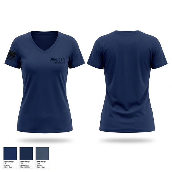 Womens Short Sleeve Vneck Shirt, Sheridan fire district, Fire Department, Teamtime, Team time, sublimation, custom sports apparel, team uniforms, spirit wear, spiritwear, sports uniforms, custom shirts, team store, custom team store, fundraiser sports, apparel fundraiser
