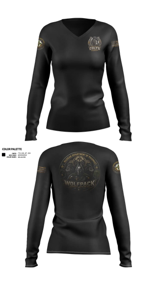 Womens Long Sleeve Vneck Shirt, Madigan pharmacy colts, Army, Teamtime, Team time, sublimation, custom sports apparel, team uniforms, spirit wear, spiritwear, sports uniforms, custom shirts, team store, custom team store, fundraiser sports, apparel fundraiser