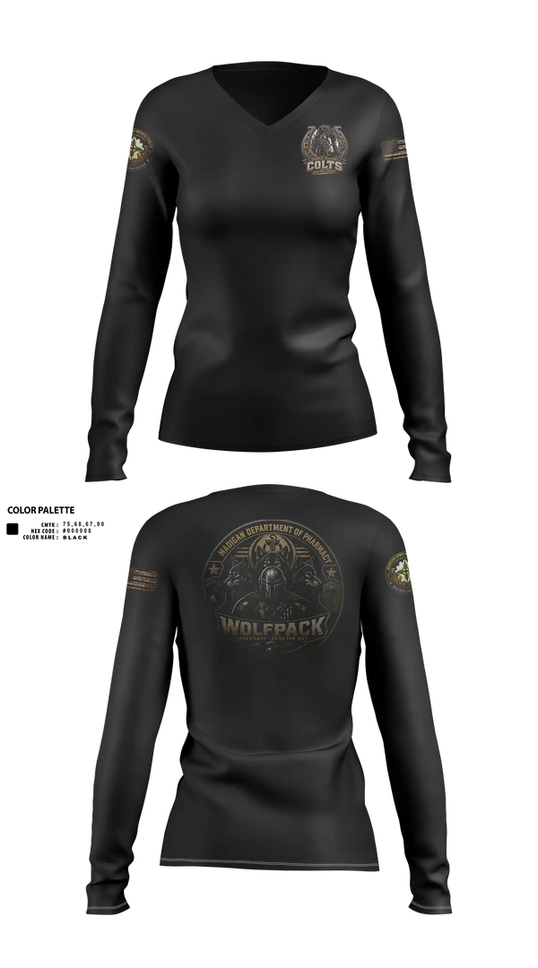 Womens Long Sleeve Vneck Shirt, Madigan pharmacy colts, Army, Teamtime, Team time, sublimation, custom sports apparel, team uniforms, spirit wear, spiritwear, sports uniforms, custom shirts, team store, custom team store, fundraiser sports, apparel fundraiser