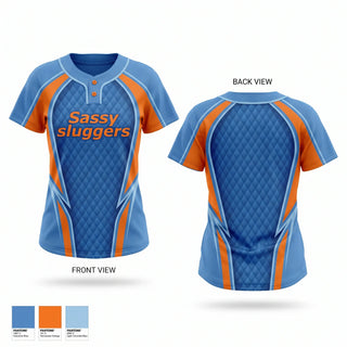 Two Button Softball Jersey, Sassy sluggers, Softball, Teamtime, Team time, sublimation, custom sports apparel, team uniforms, spirit wear, spiritwear, sports uniforms, custom shirts, team store, custom team store, fundraiser sports, apparel fundraiser