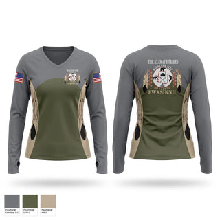 Womens Long Sleeve Vneck Shirt, Klamath tribes, Fire Department, Teamtime, Team time, sublimation, custom sports apparel, team uniforms, spirit wear, spiritwear, sports uniforms, custom shirts, team store, custom team store, fundraiser sports, apparel fundraiser