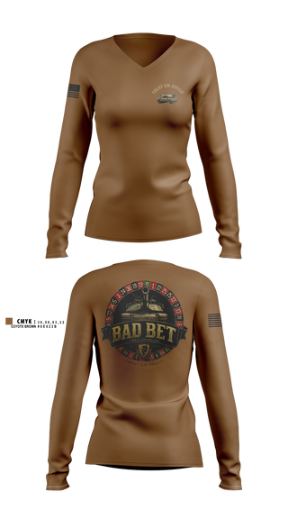 Womens Long Sleeve Vneck Shirt, BadBet Company, 2-12CAV, Army, Teamtime, Team time, sublimation, custom sports apparel, team uniforms, spirit wear, spiritwear, sports uniforms, custom shirts, team store, custom team store, fundraiser sports, apparel fundraiser