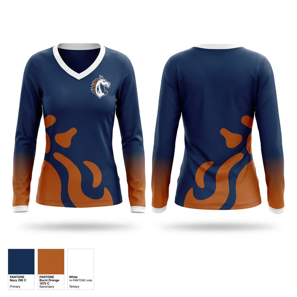 Womens Long Sleeve Vneck Shirt, Mustangs, , Teamtime, Team time, sublimation, custom sports apparel, team uniforms, spirit wear, spiritwear, sports uniforms, custom shirts, team store, custom team store, fundraiser sports, apparel fundraiser