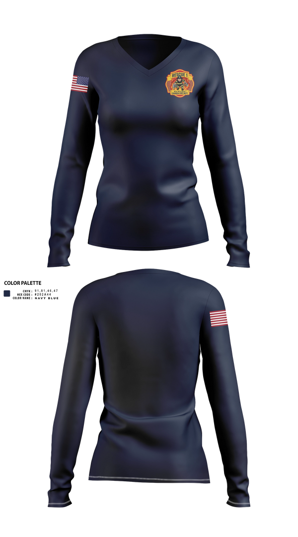 Womens Long Sleeve Vneck Shirt, Camden city fire department, rescue 1, Fire Department, Teamtime, Team time, sublimation, custom sports apparel, team uniforms, spirit wear, spiritwear, sports uniforms, custom shirts, team store, custom team store, fundraiser sports, apparel fundraiser