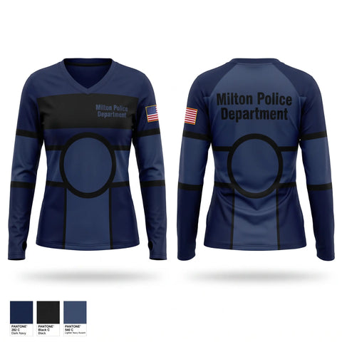 Womens Long Sleeve Vneck Shirt, Milton Police Department, Police, Teamtime, Team time, sublimation, custom sports apparel, team uniforms, spirit wear, spiritwear, sports uniforms, custom shirts, team store, custom team store, fundraiser sports, apparel fundraiser