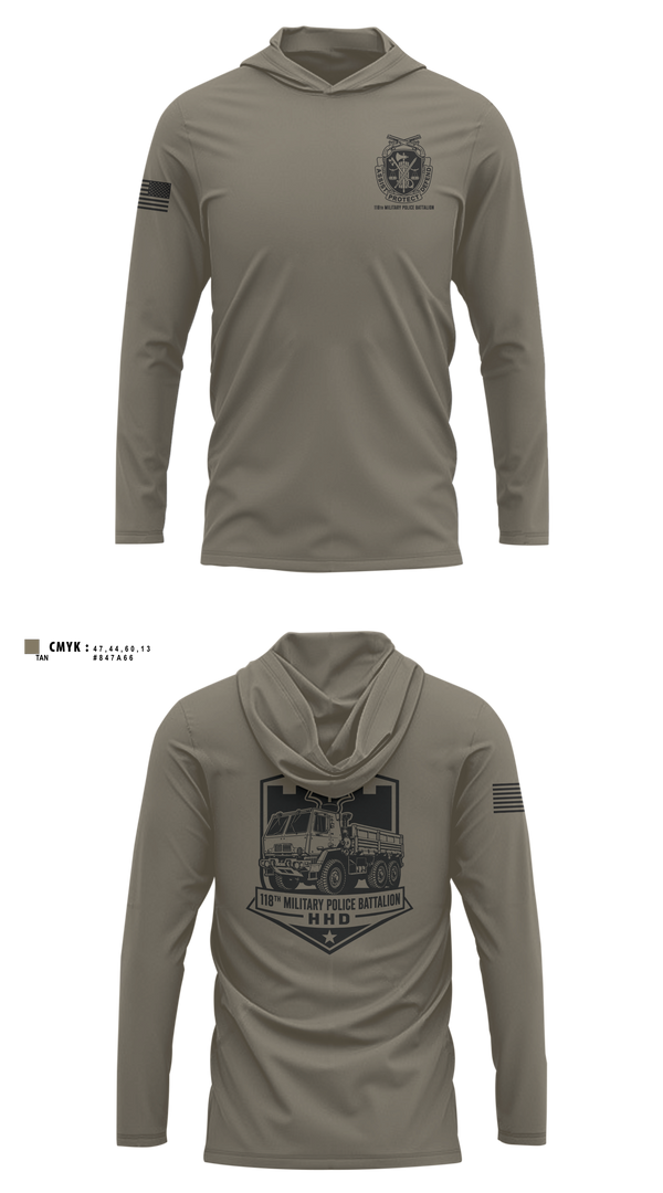 Long Sleeve Performance Shirt with hood, 118th Military Police Battalion, National Guard, Teamtime, Team time, sublimation, custom sports apparel, team uniforms, spirit wear, spiritwear, sports uniforms, custom shirts, team store, custom team store, fundraiser sports, apparel fundraiser