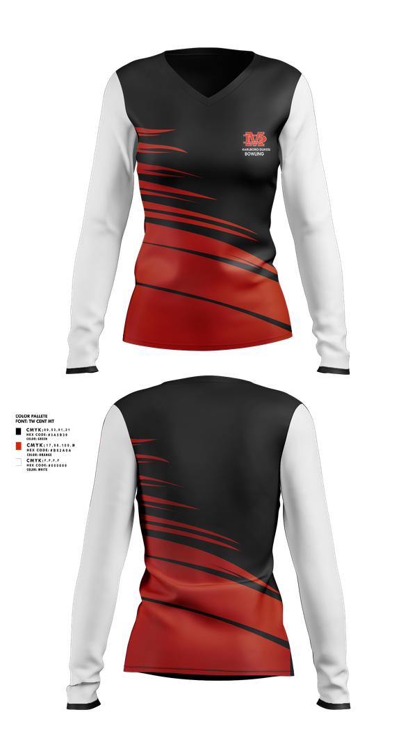 Womens Long Sleeve Vneck Shirt, Marlboro Dukes, Bowling, Teamtime, Team time, sublimation, custom sports apparel, team uniforms, spirit wear, spiritwear, sports uniforms, custom shirts, team store, custom team store, fundraiser sports, apparel fundraiser
