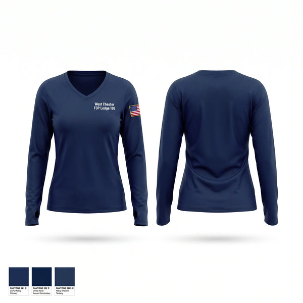 Womens Long Sleeve Vneck Shirt, West Chester FOP Lodge 186, Police, Teamtime, Team time, sublimation, custom sports apparel, team uniforms, spirit wear, spiritwear, sports uniforms, custom shirts, team store, custom team store, fundraiser sports, apparel fundraiser