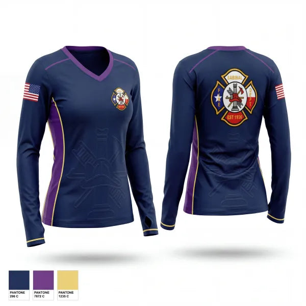 Womens Long Sleeve Vneck Shirt, Sabinal Volunteer Fire Department, Fire Department, Teamtime, Team time, sublimation, custom sports apparel, team uniforms, spirit wear, spiritwear, sports uniforms, custom shirts, team store, custom team store, fundraiser sports, apparel fundraiser
